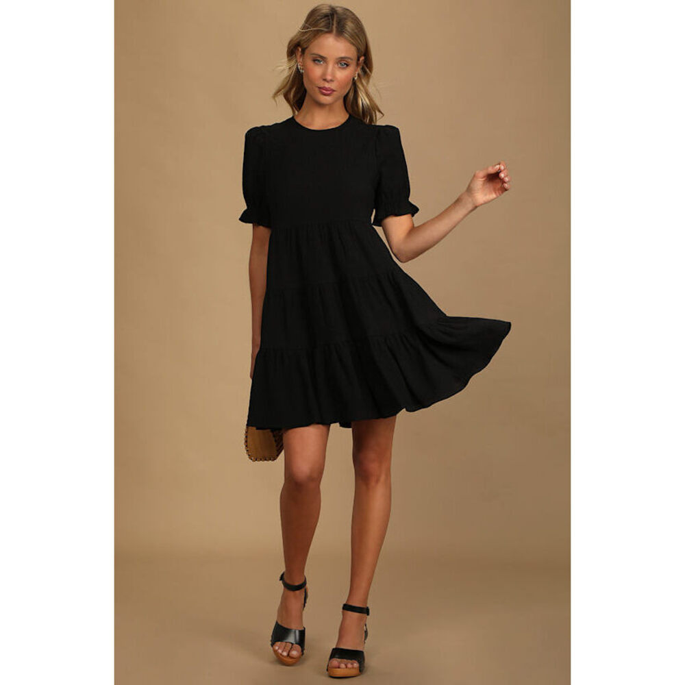 Lulus Favorite Day Black Puff Sleeve Tiered Mini Dress - Size M